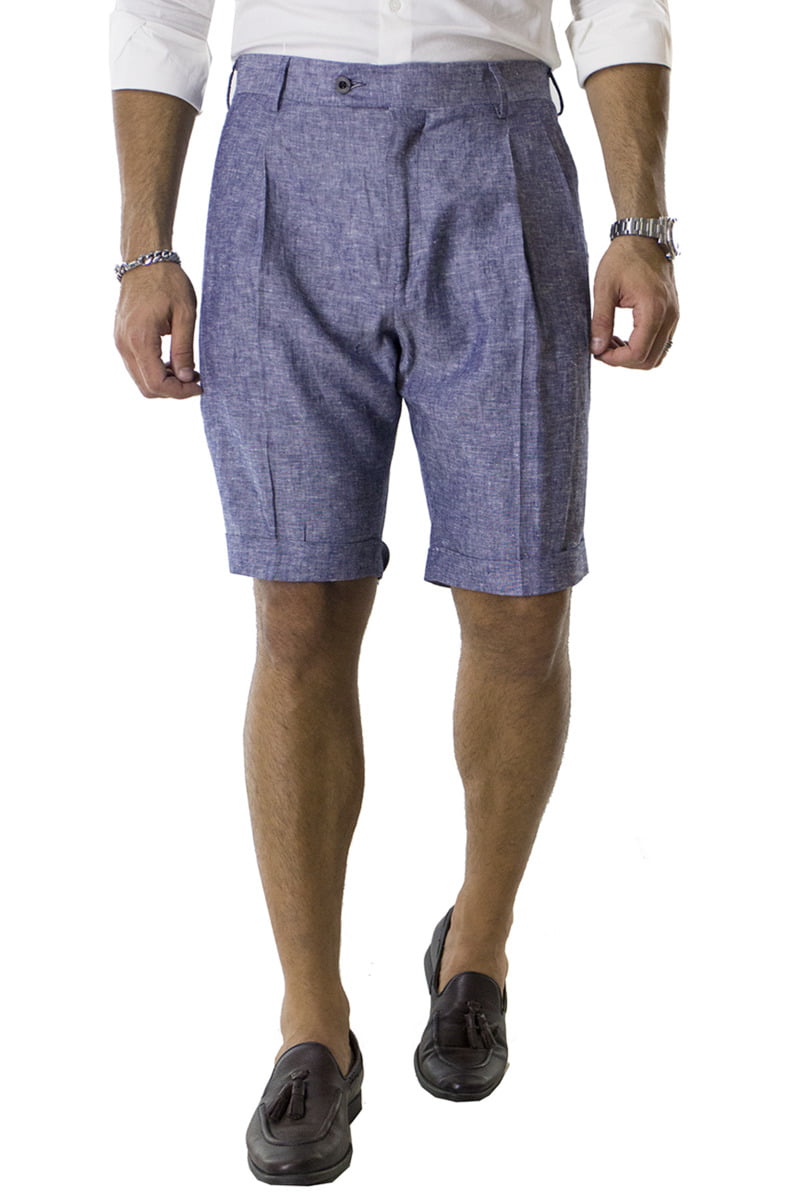 Bermuda uomo Blu in lino vita alta con doppia pinces e tasca america