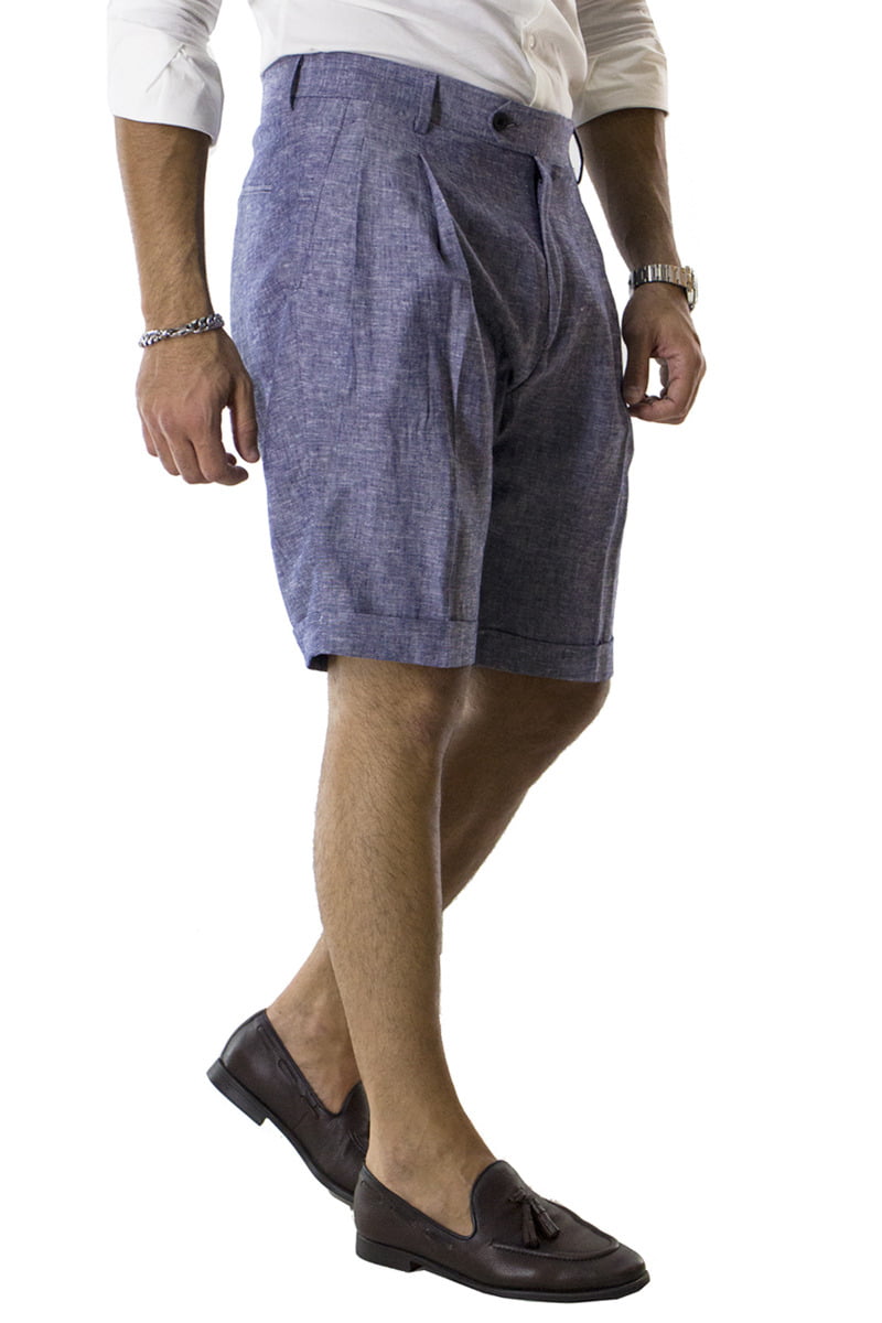 Bermuda uomo Blu in lino vita alta con doppia pinces e tasca america