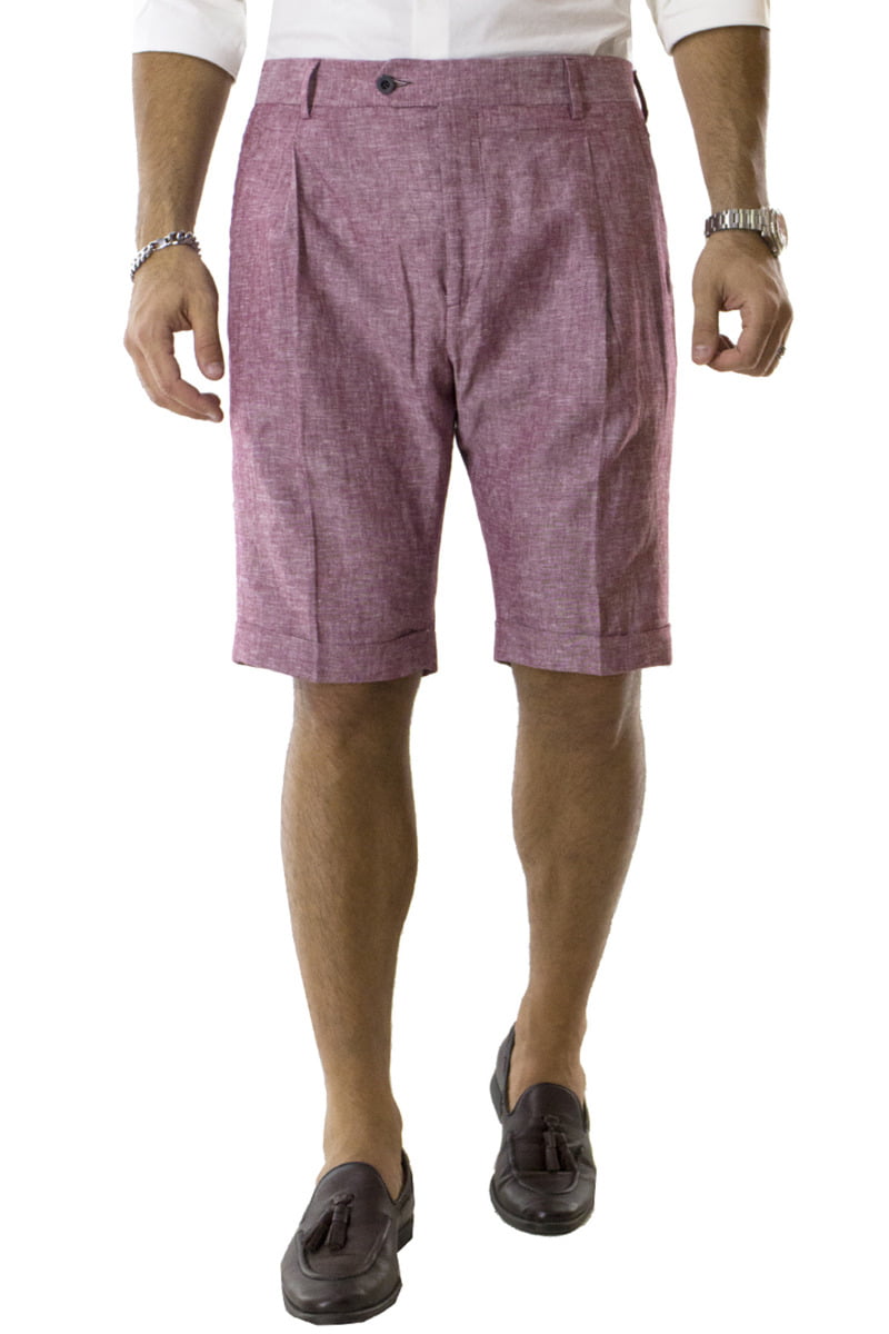 Bermuda uomo Fragola in lino vita alta con doppia pinces e tasca america