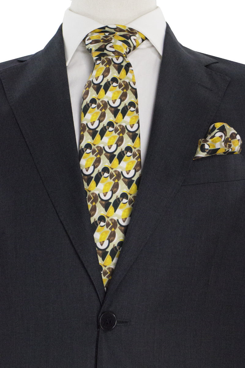 Cravatta uomo beige fantasia cerchi marroni e giallo compresa di pochette abbinata