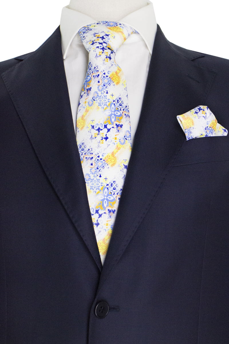 Cravatta uomo fantasia vietrese blu bianca e gialla compresa di pochette abbinata