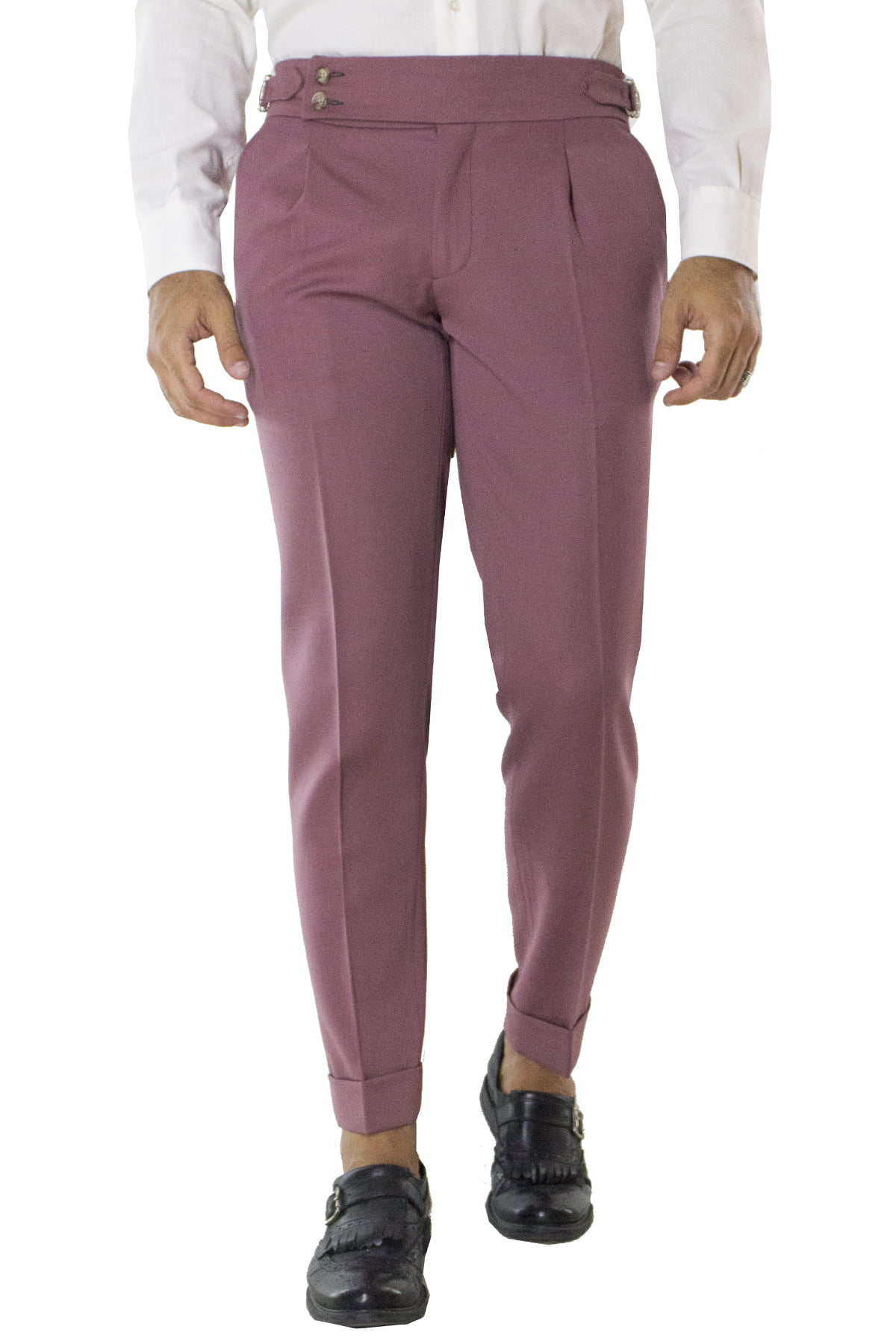 Pantalone uomo cipolla in lana tinta unita vita alta con pinces fibbie laterali e risvolto 4cm