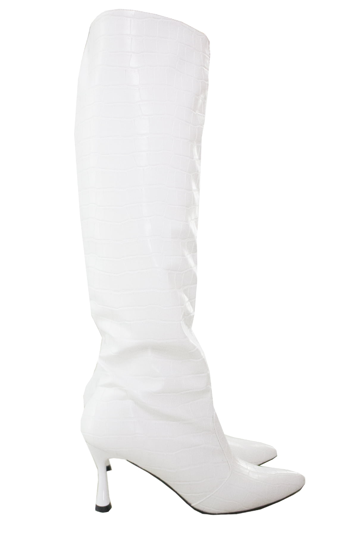 Stivali donna al ginocchio bianchi coccodrillo con cerniera laterale interna e tacco cono
