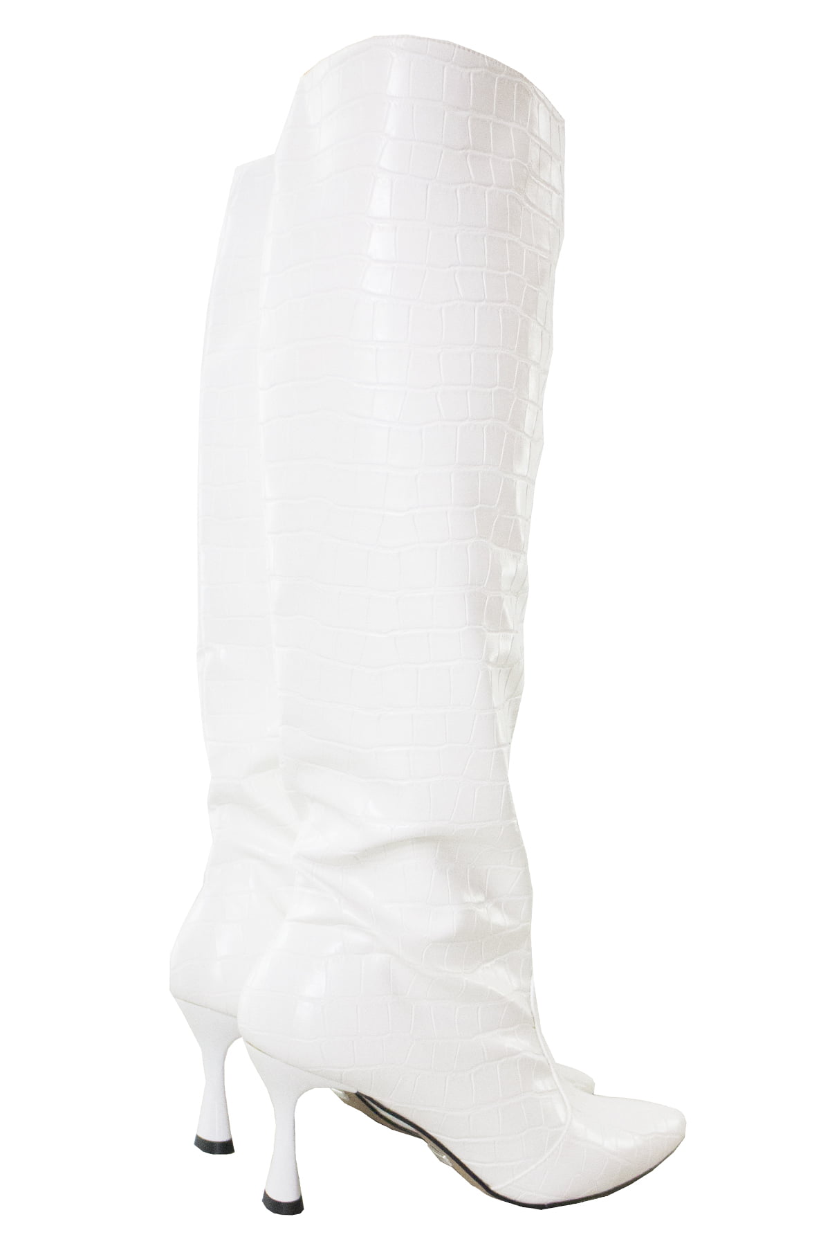 Stivali donna al ginocchio bianchi coccodrillo con cerniera laterale interna e tacco cono