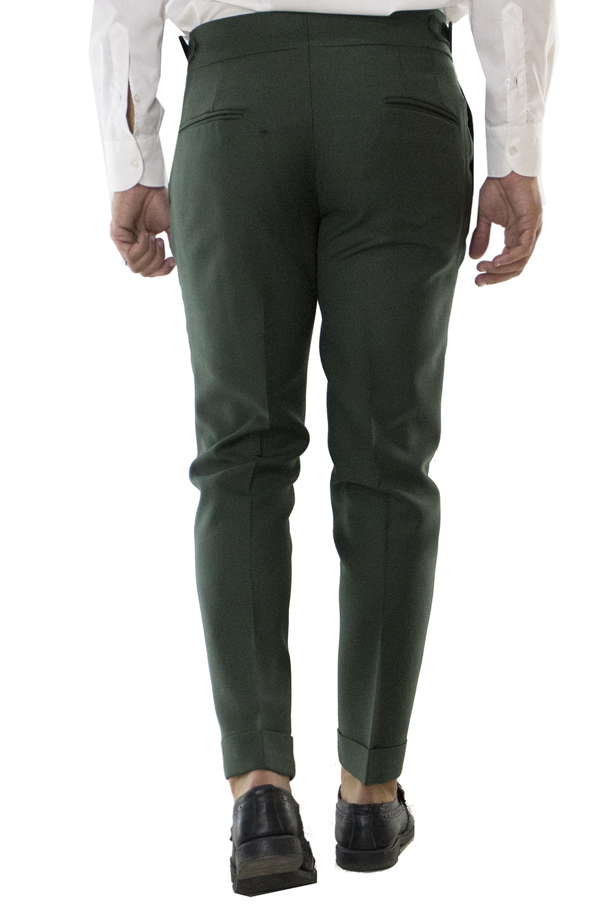 Pantalone uomo militare in lana tinta unita vita alta con pinces fibbie laterali e risvolto 4cm
