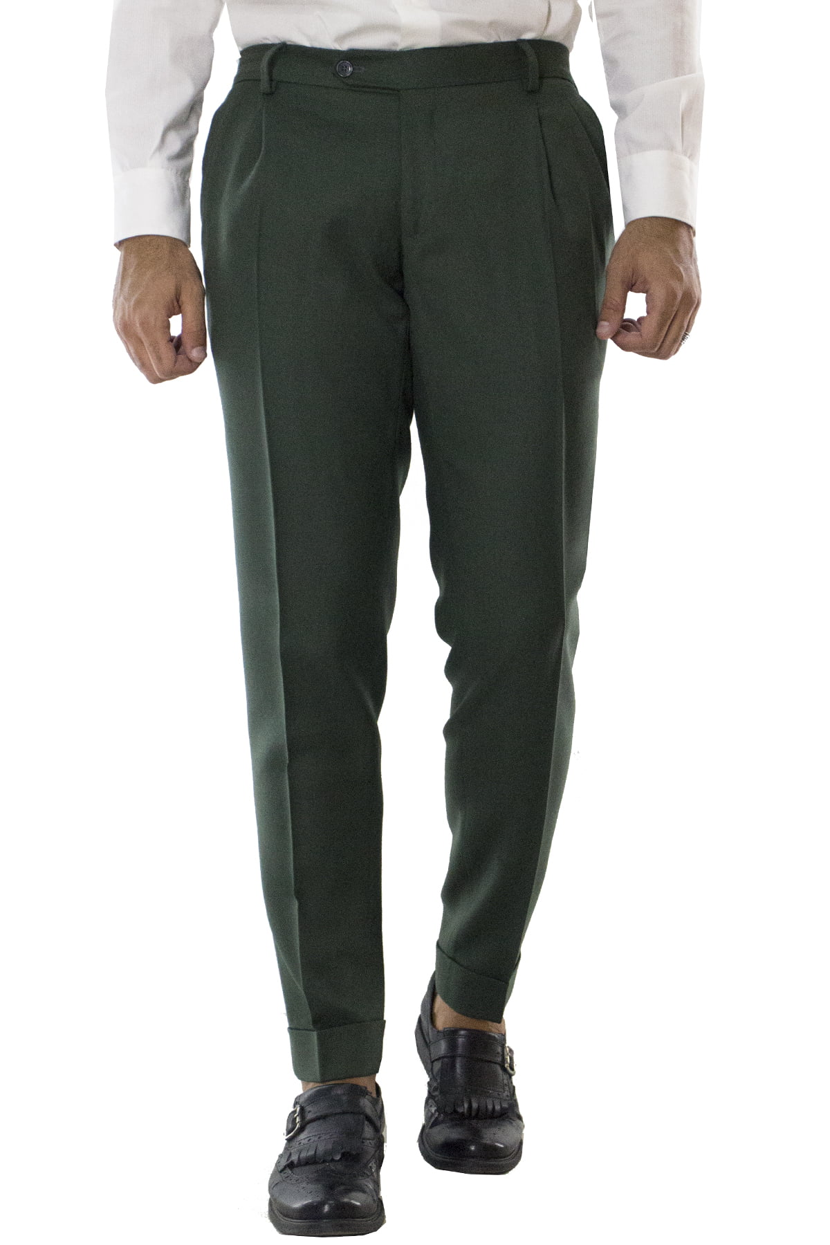 Pantalone uomo militare in lana con doppia pinces e risvolto 4cm