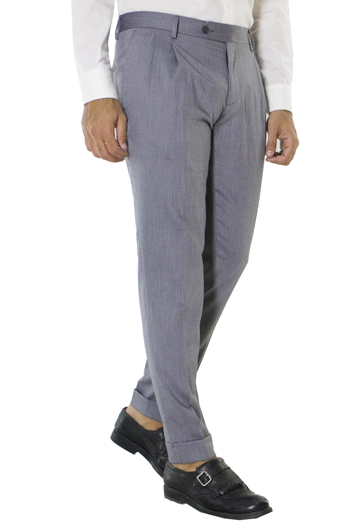 Pantalone uomo grigio chiaro in lana con doppia pinces e risvolto 4cm