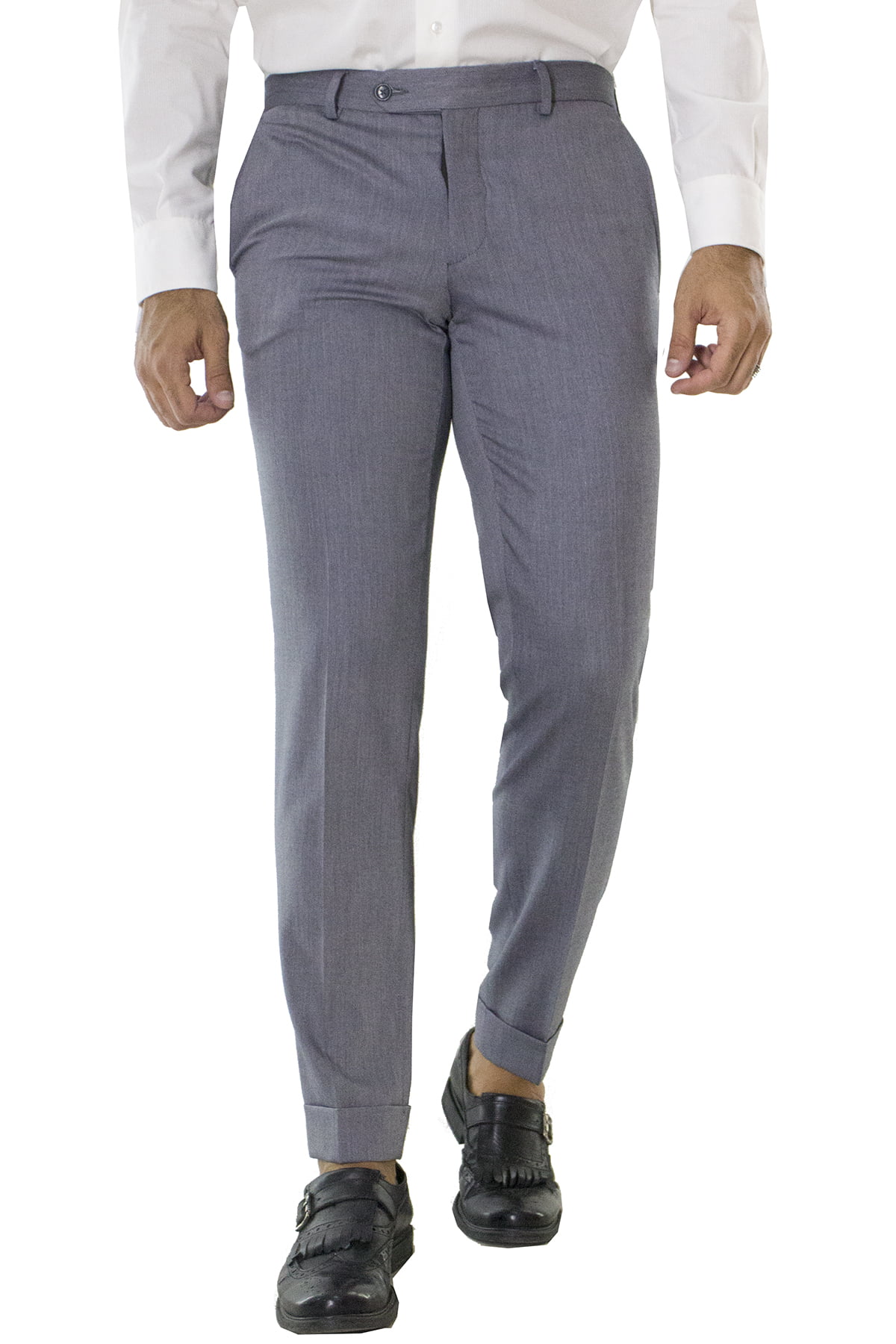 Pantalone uomo grigio chiaro in lana con tasche america e risvolto 4cm