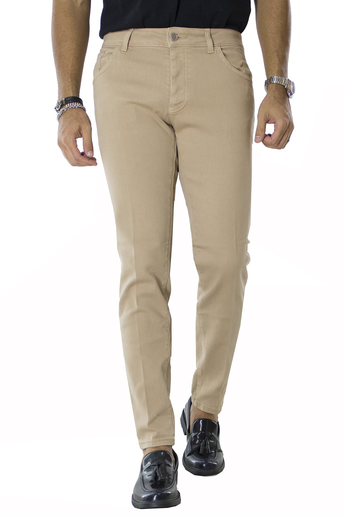 Jeans uomo beige tinta unita modello 5 tasche slim fit made in italy