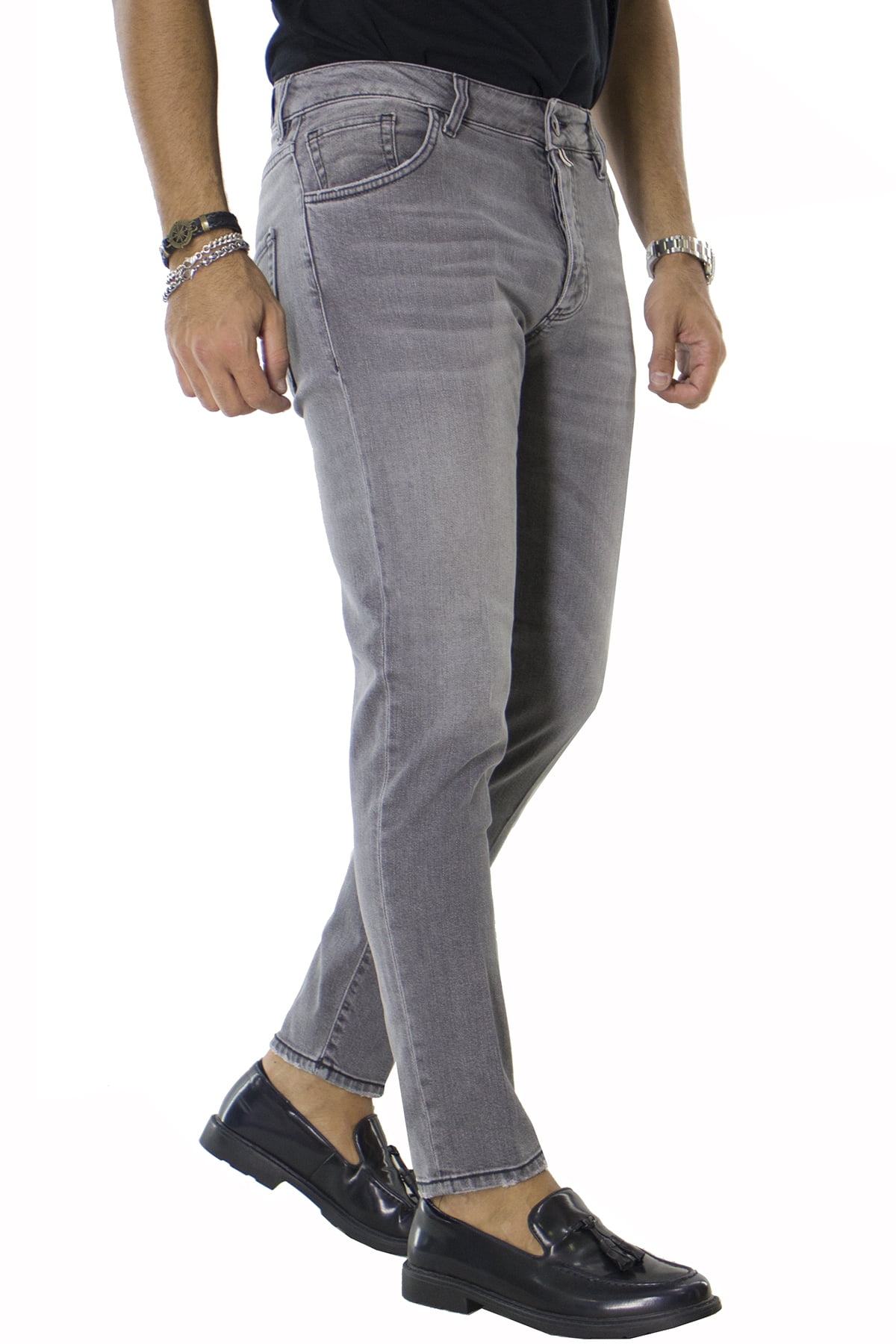 Jeans uomo slim grigio chiaro elasticizzato con sabbiature 5 tasche