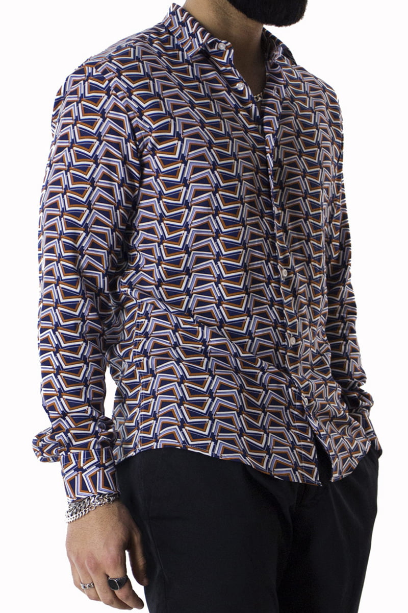 Camicia Uomo In Viscosa fantasia Geometrica Blu vestibilita comoda Collo Italiano