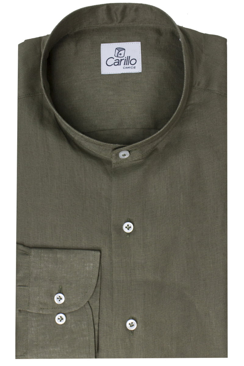 Camicia uomo militare in lino 100% collo coreano tinta unita vestibilita comoda