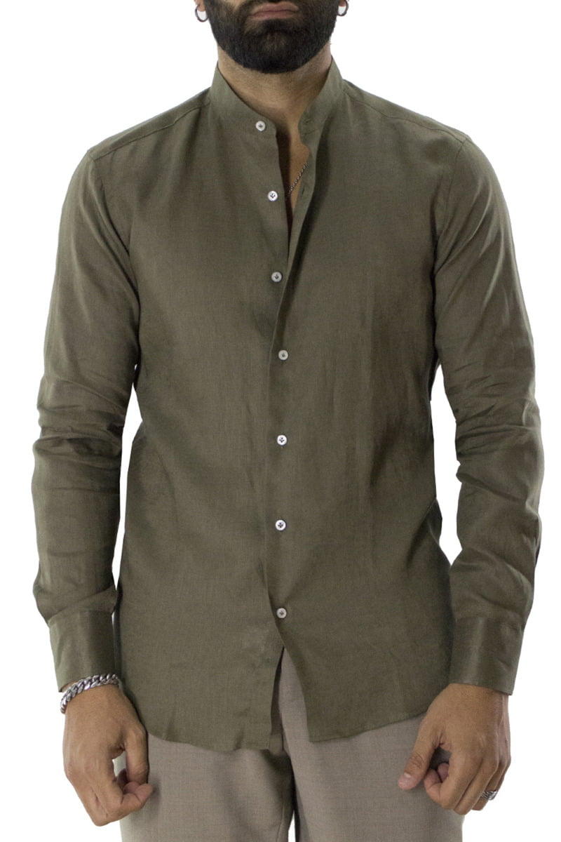 Camicia uomo militare in lino 100% collo coreano tinta unita vestibilita comoda