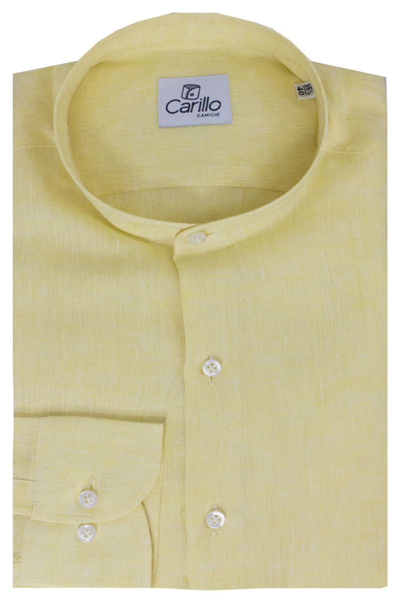 Camicia uomo Giallina in lino 100% collo coreano tinta unita vestibilita comoda