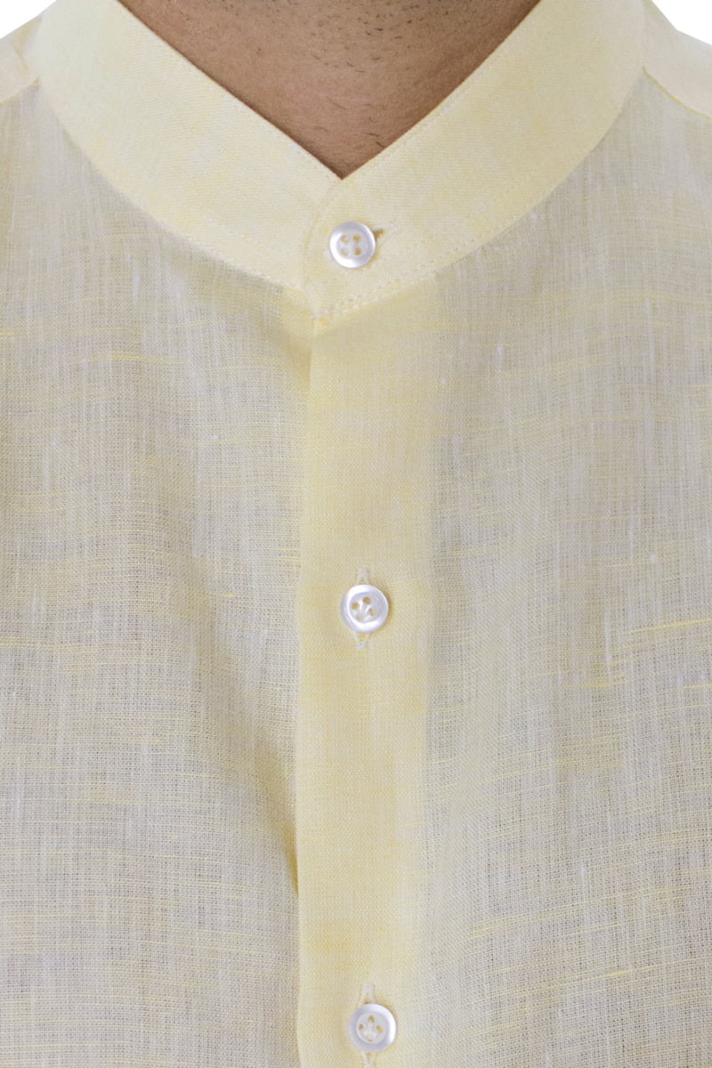 Camicia uomo Giallina in lino 100% collo coreano tinta unita vestibilita comoda