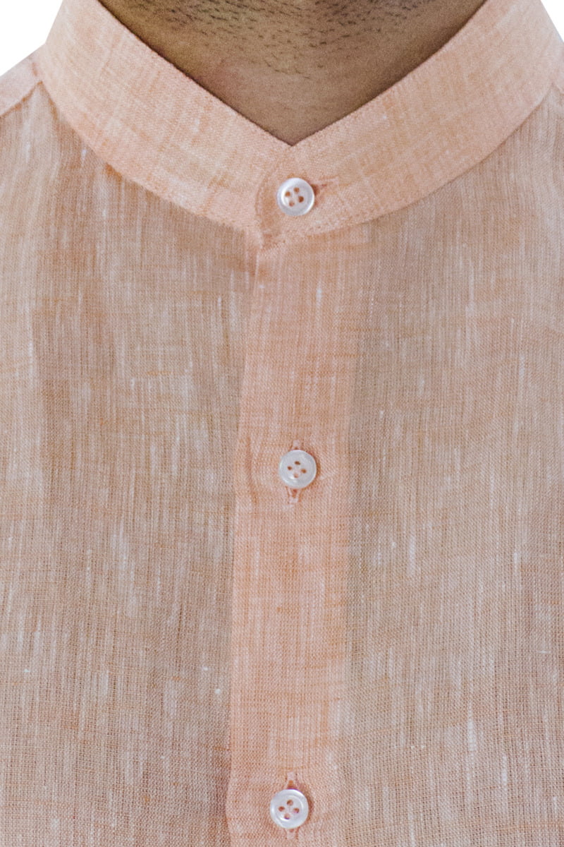 Camicia uomo Salmone in lino 100% collo coreano tinta unita vestibilita comoda