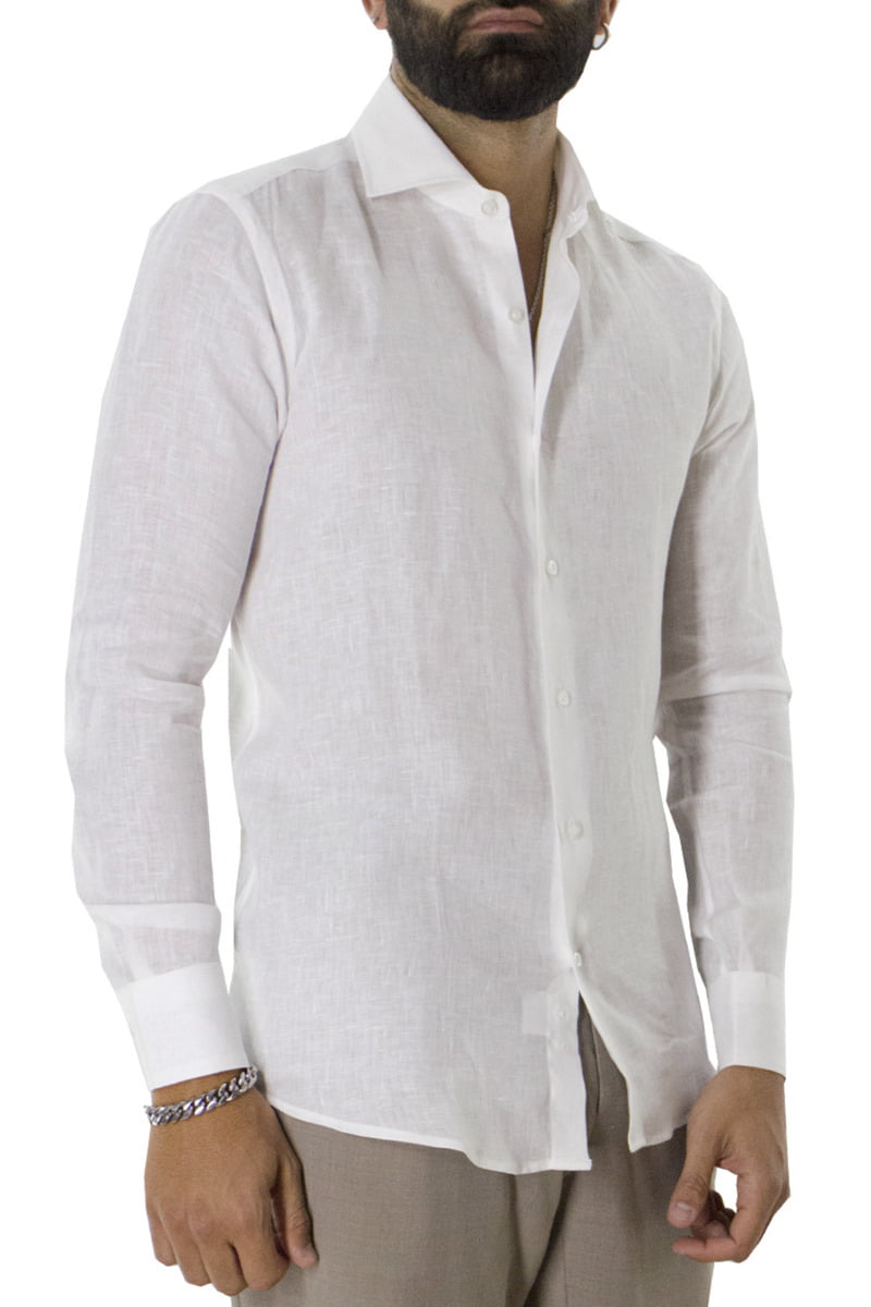 Camicia uomo bianca in lino 100% collo semi francese tinta unita vestibilita comoda
