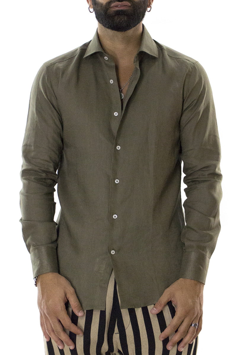 Camicia uomo Militare in lino 100% collo semi francese tinta unita vestibilita comoda