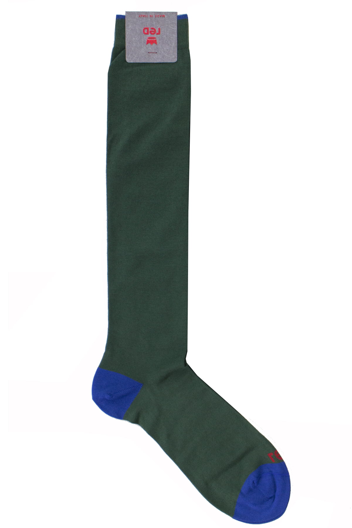 Calzini uomo verde tinta unita con bordino bluette invernali lunghezza ginocchio