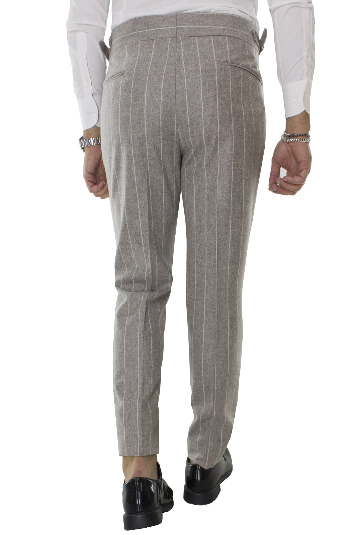 Pantalone uomo tortora gessato in lana vita alta con pinces e fibbie laterali vitale barberis canonico