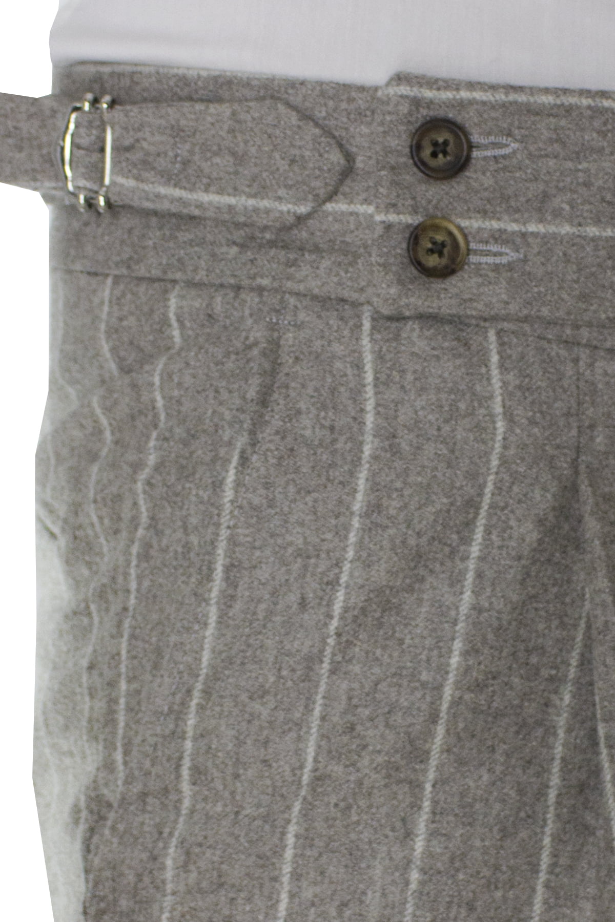 Pantalone uomo tortora gessato in lana vita alta con pinces e fibbie laterali vitale barberis canonico