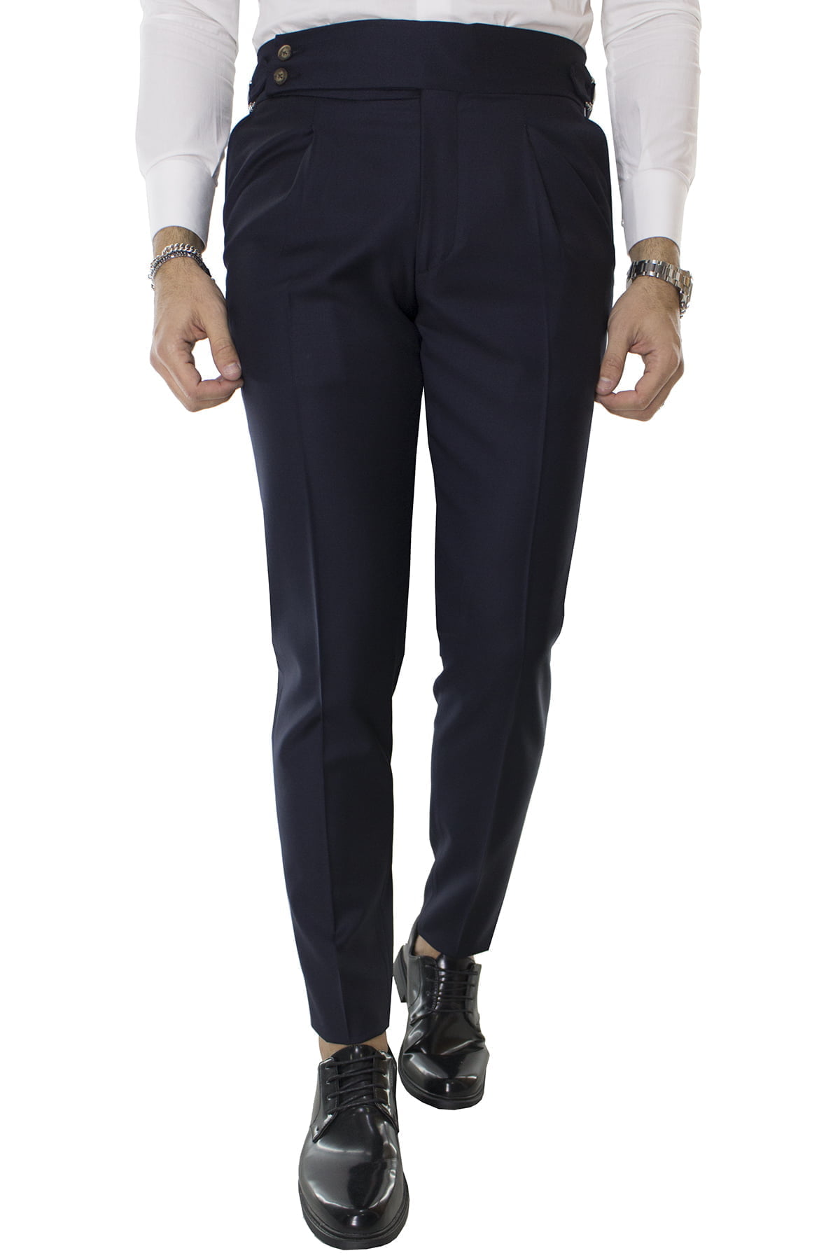 Carillo Moda Pantalone Uomo Blu in Lana Vita Alta con Pinces e Fibbie Laterali Vitale barberis canonico