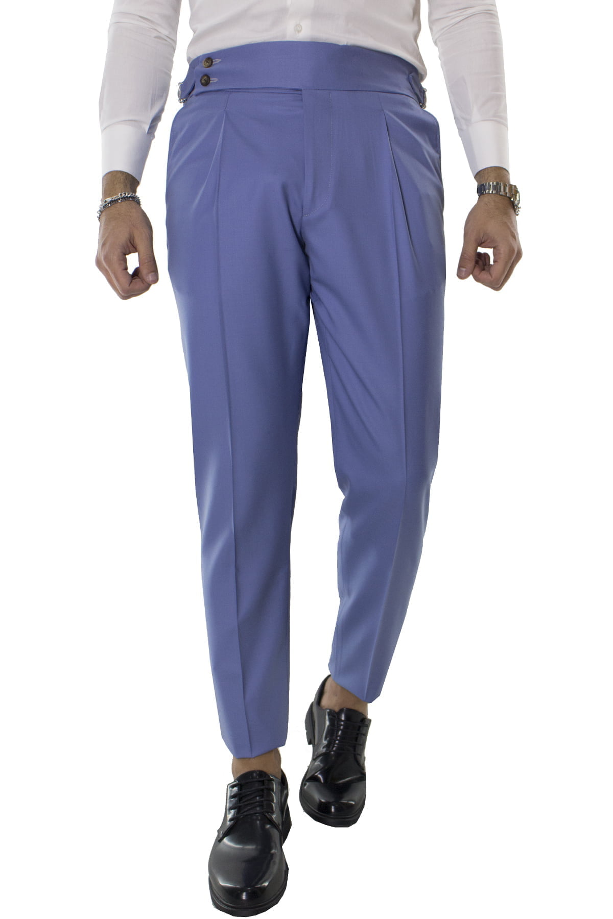 Pantalone uomo celeste in fresco lana super140s vita alta con pinces e fibbie laterali Holland & Sherry