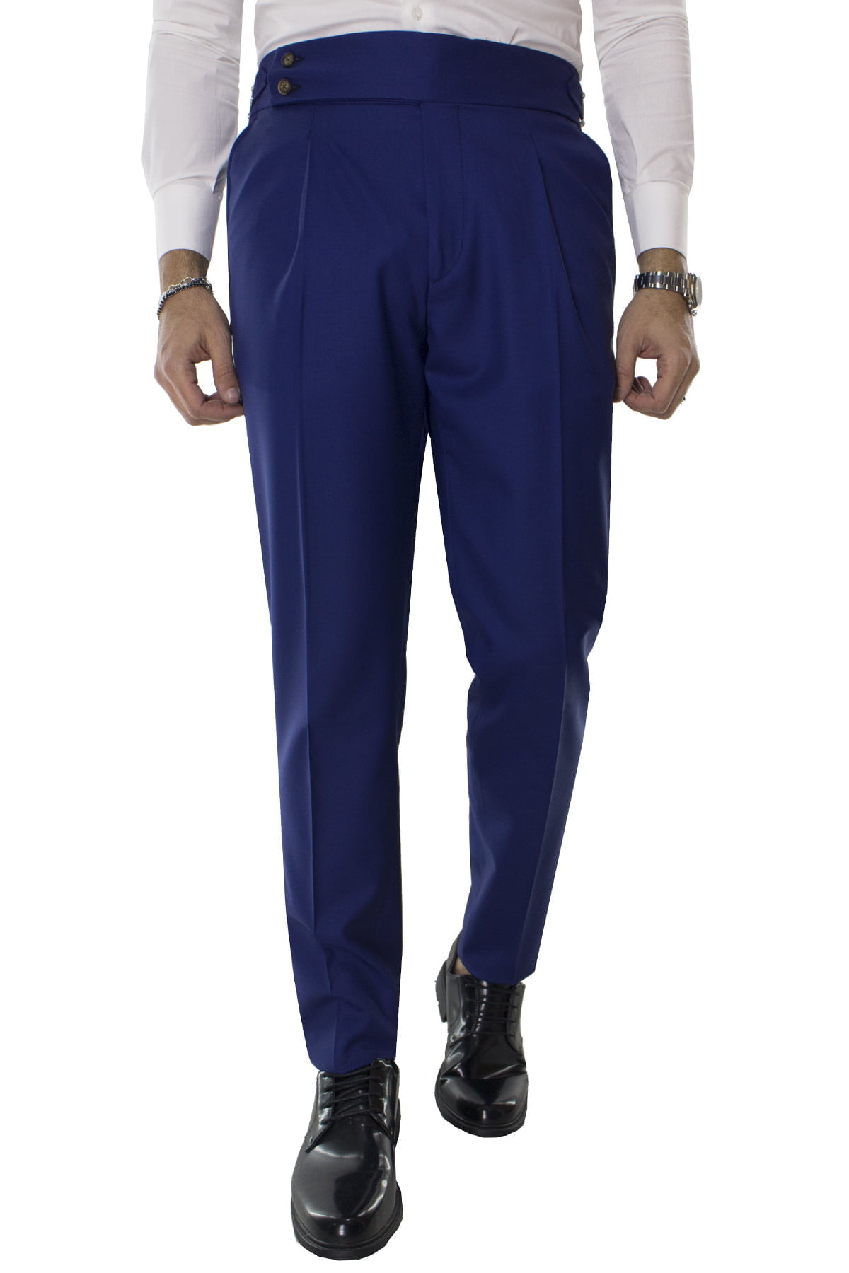 Pantalone uomo royal in fresco lana super140s vita alta con pinces e fibbie laterali Holland & Sherry