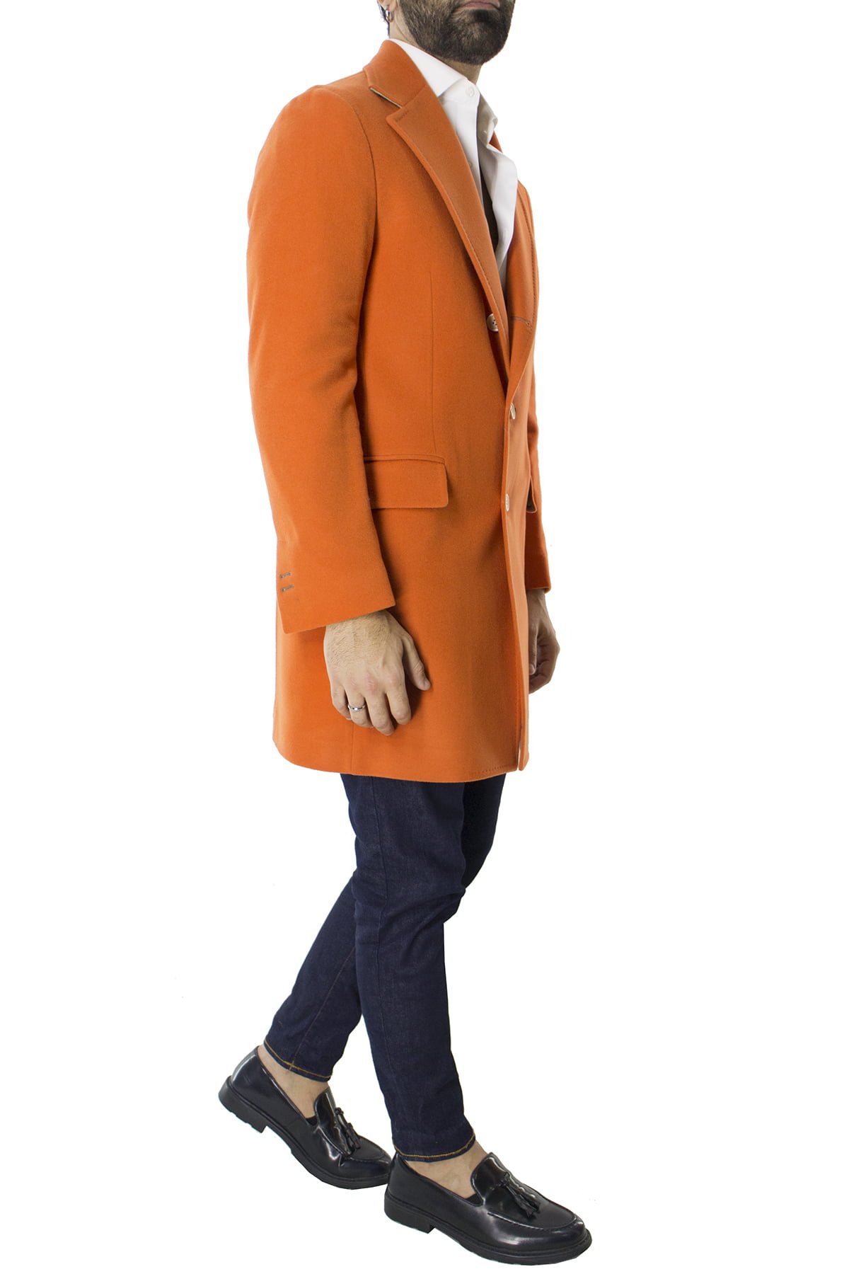 Cappotto uomo arancio monopetto in lana rever largo made in italy