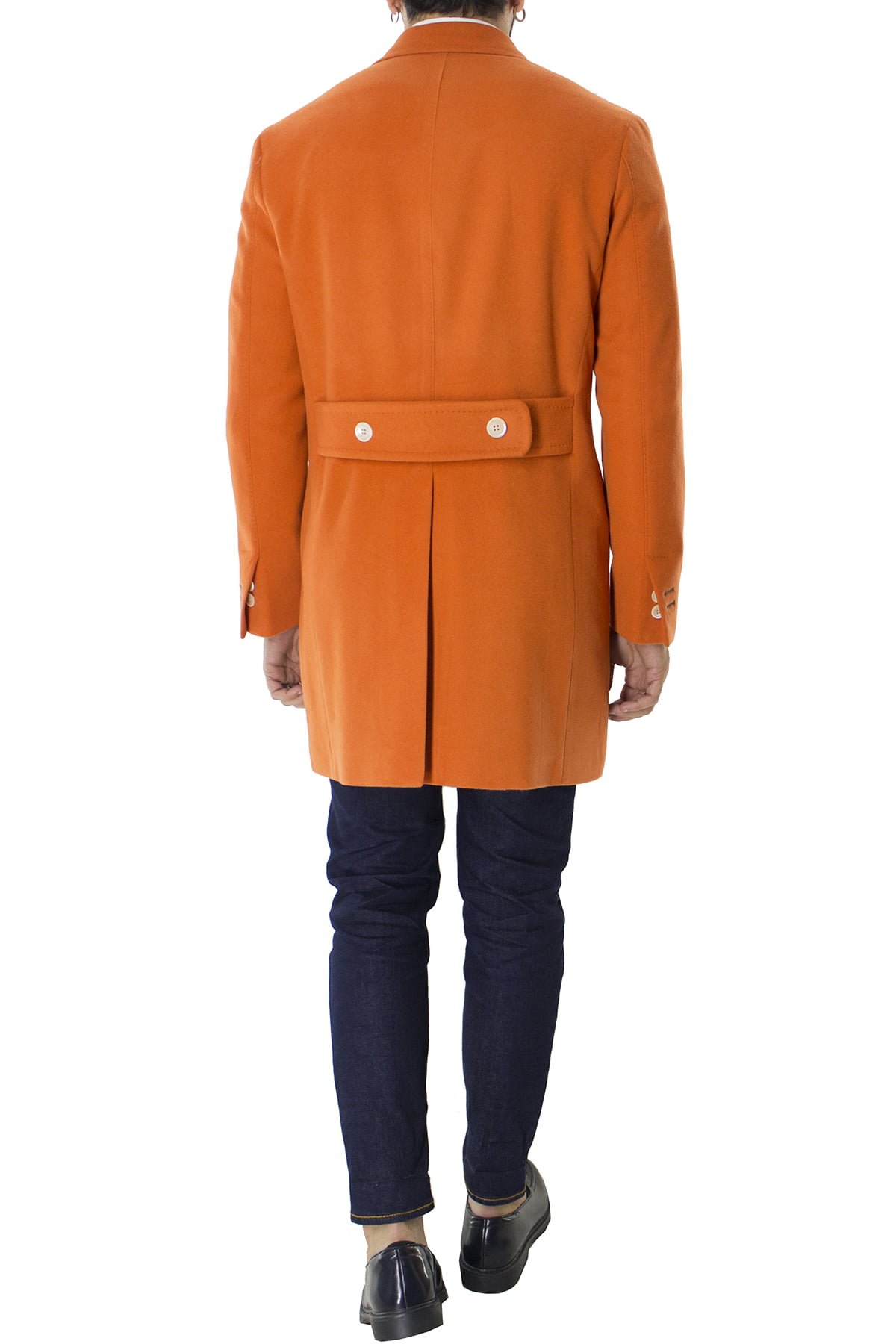 Cappotto uomo arancio doppiopetto in lana rever largo made in italy