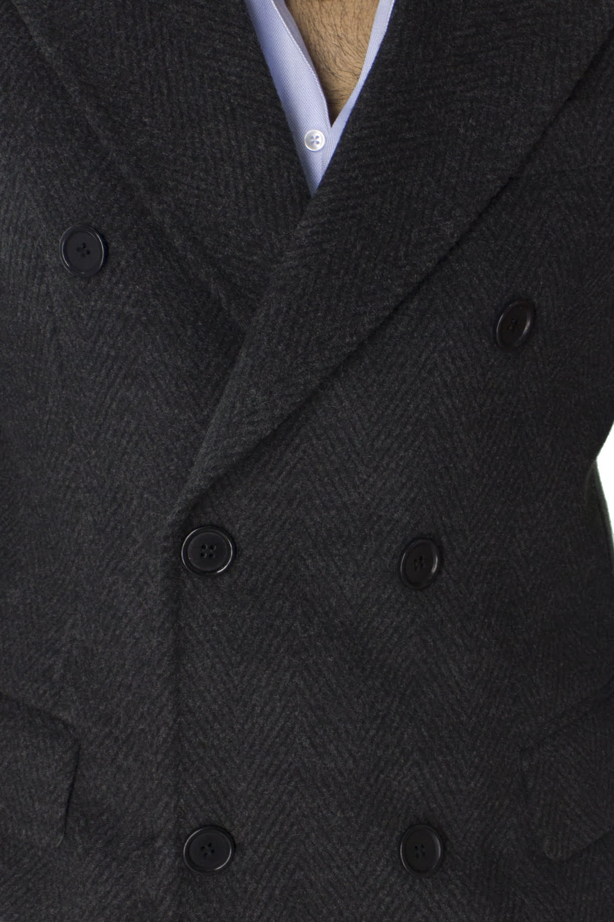 Cappotto uomo grigio spigato doppiopetto in lana rever largo made in italy