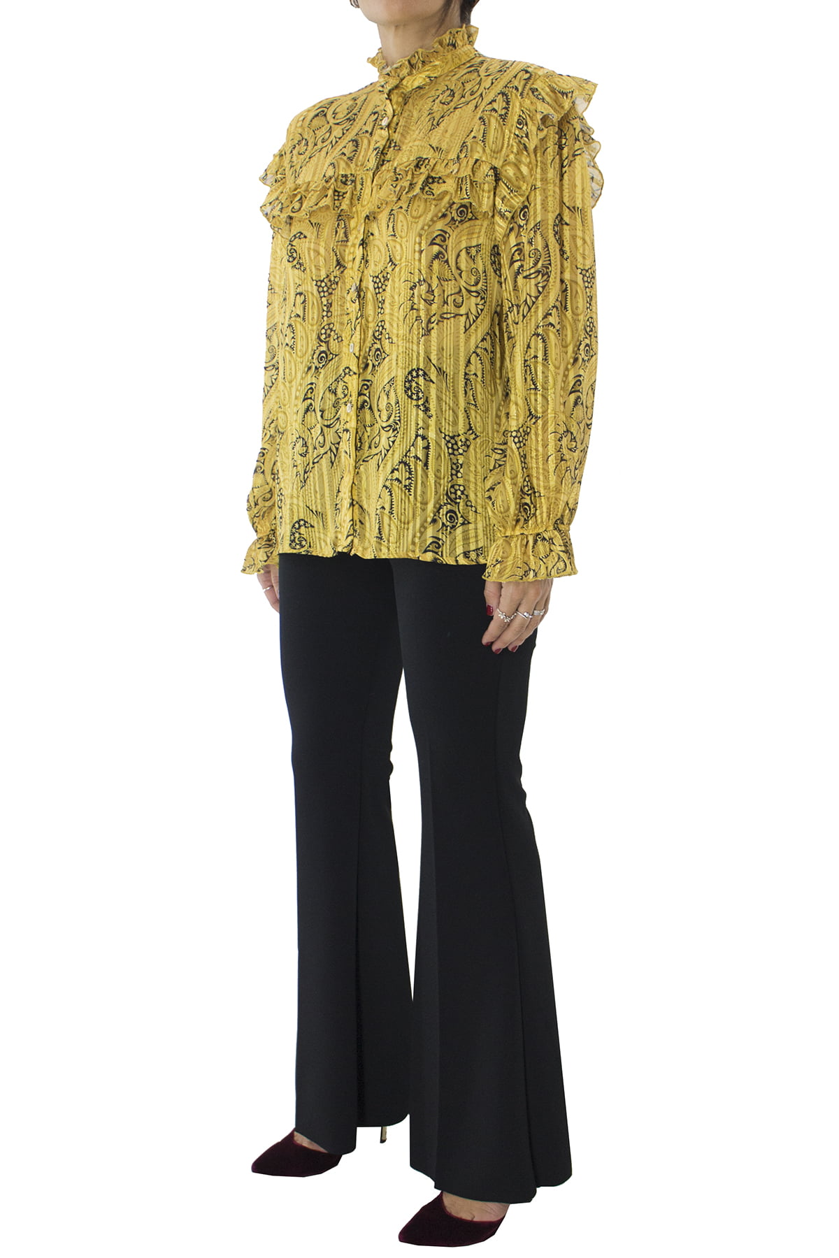 Camicia donna in fantasia paisley e fili lurex oro mezzo collo con rouches e sul fondo maniche
