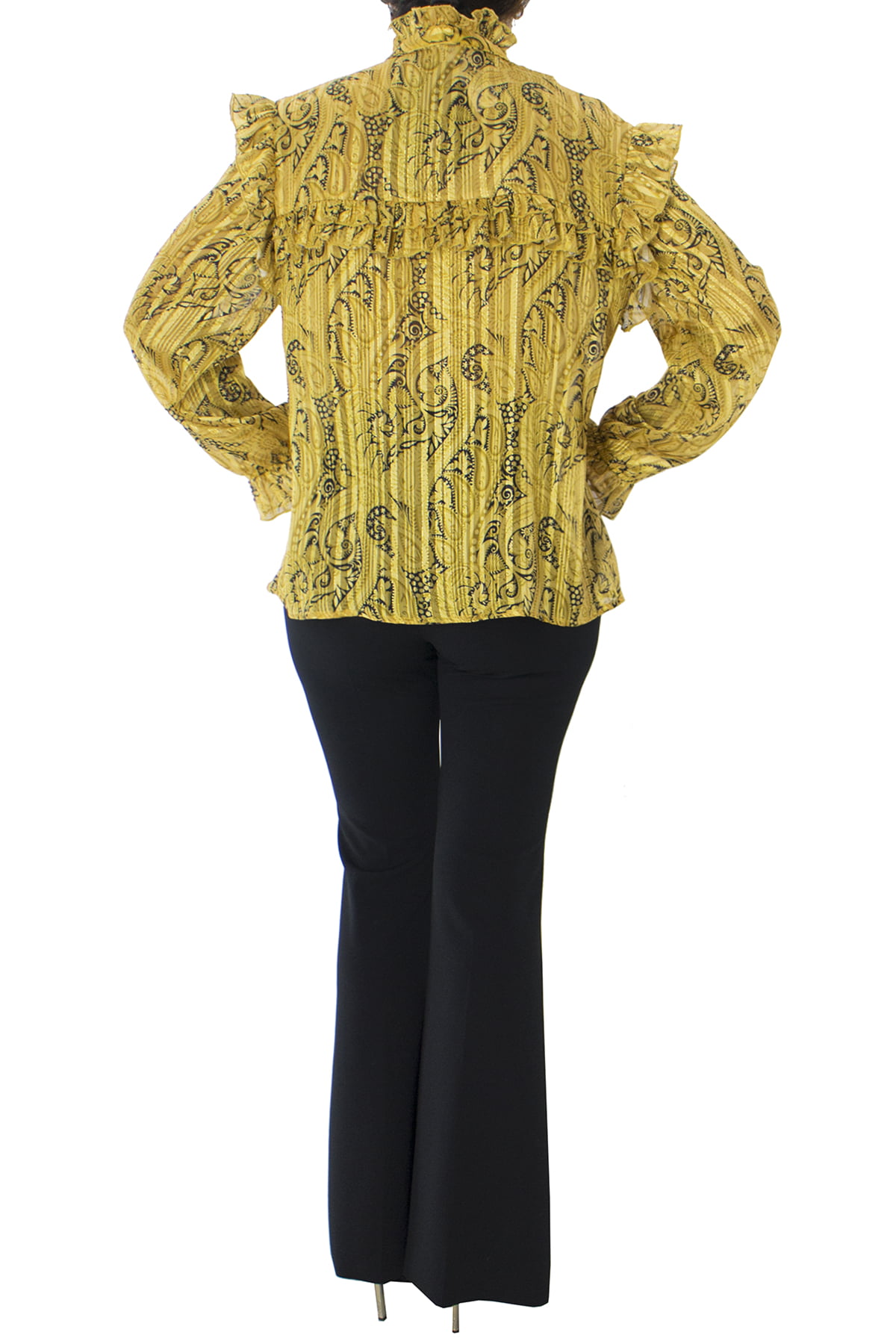 Camicia donna in fantasia paisley e fili lurex oro mezzo collo con rouches e sul fondo maniche