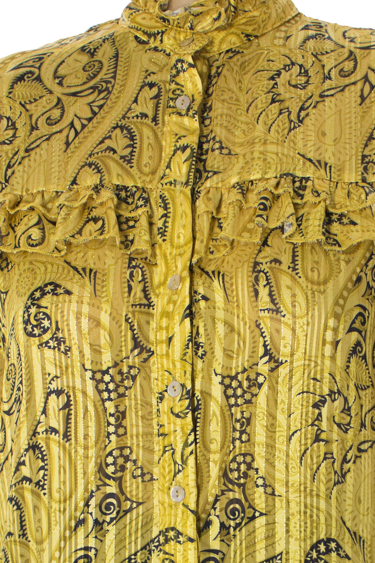 Camicia donna in fantasia paisley e fili lurex oro mezzo collo con