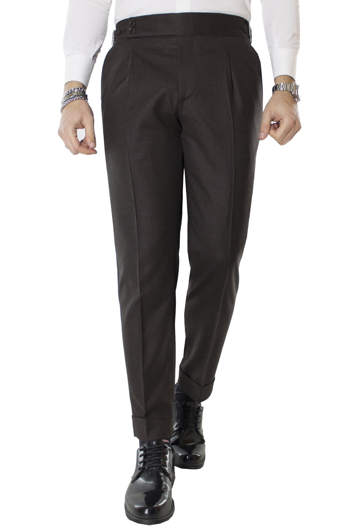 Pantalone uomo marrone in lana vita alta con pinces e fibbie laterali vitale barberis canonico