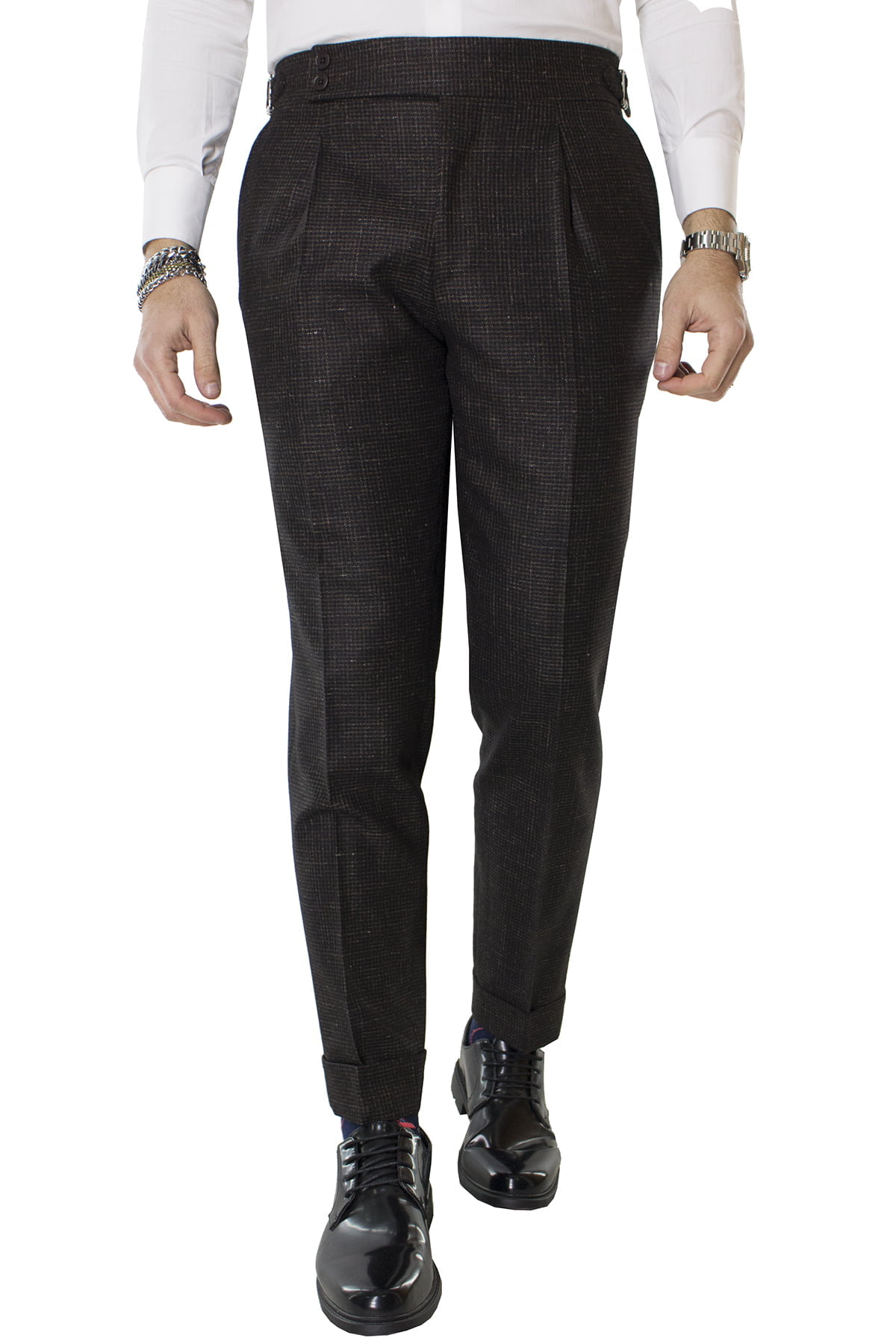 Pantalone uomo marrone fantasia micro nera in lana vita alta con pinces e fibbie laterali vitale barberis canonico