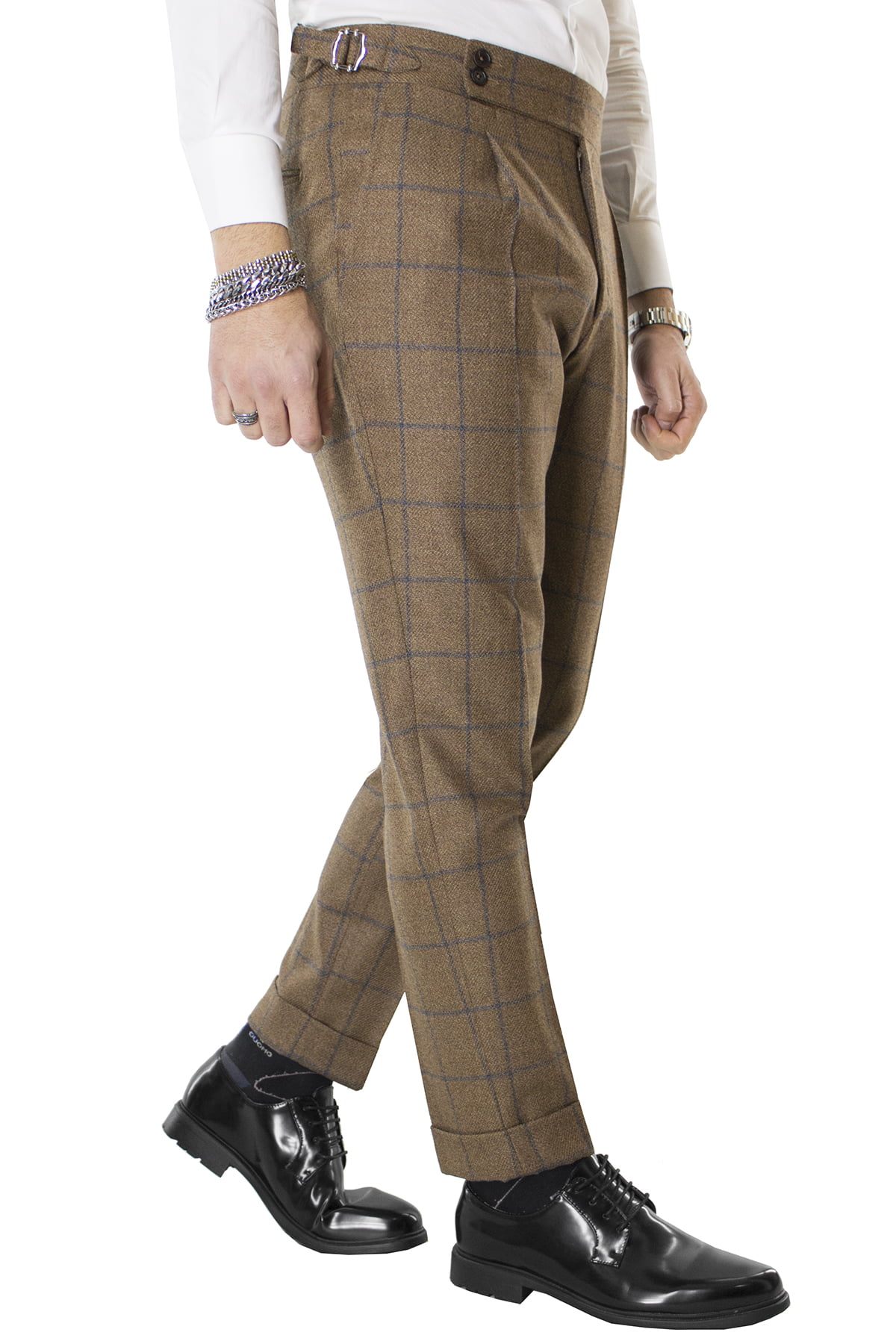 Pantalone uomo marrone fantasia quadri in lana vita alta con pinces e fibbie laterali vitale barberis canonico