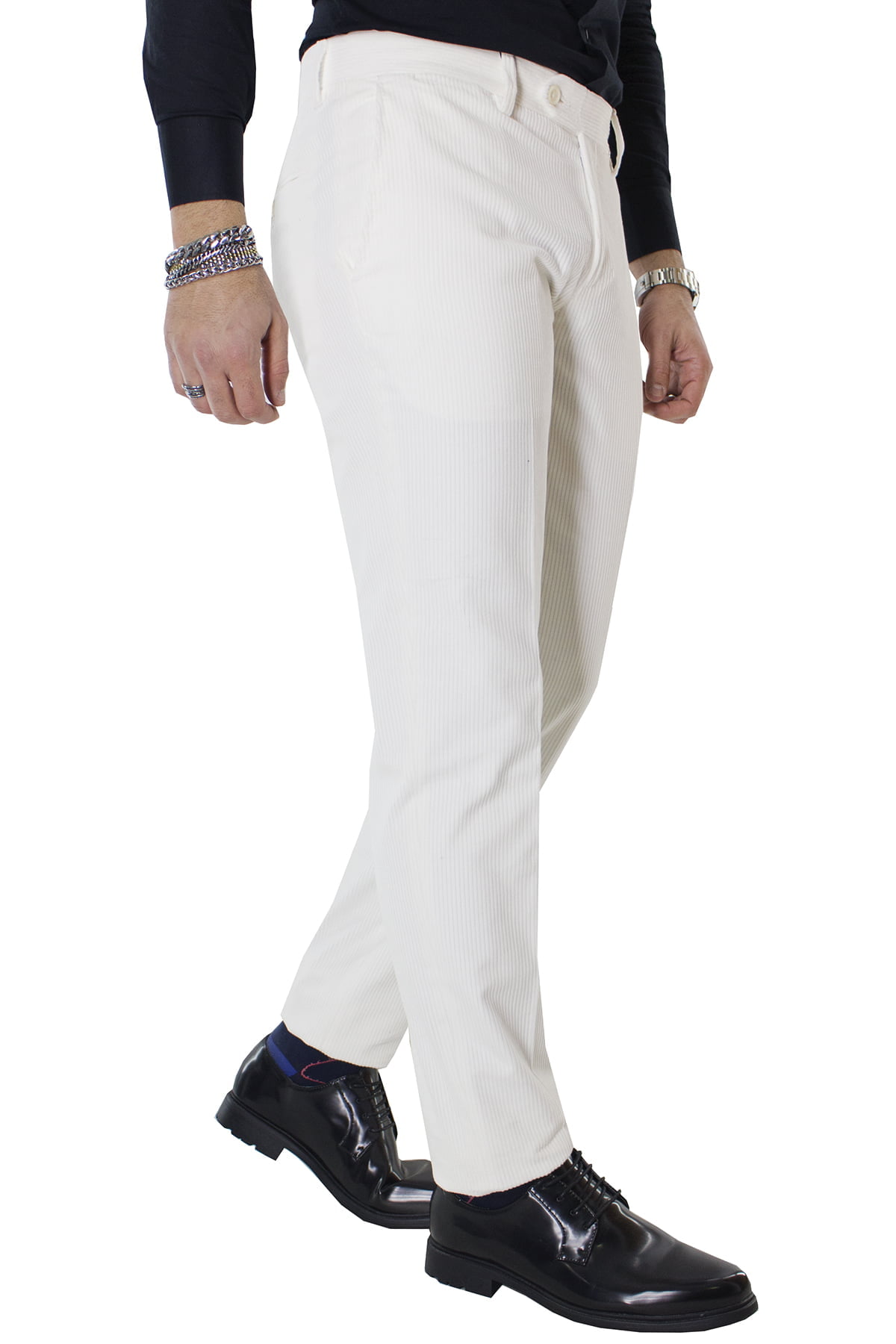 Pantalone uomo bianco in velluto a coste strette con tasche america orlo naturale