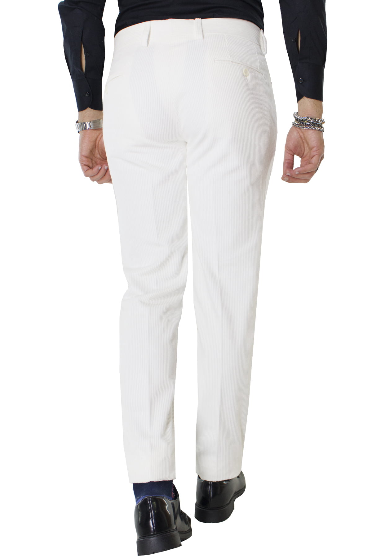 Pantalone uomo bianco in velluto a coste strette con tasche america orlo naturale