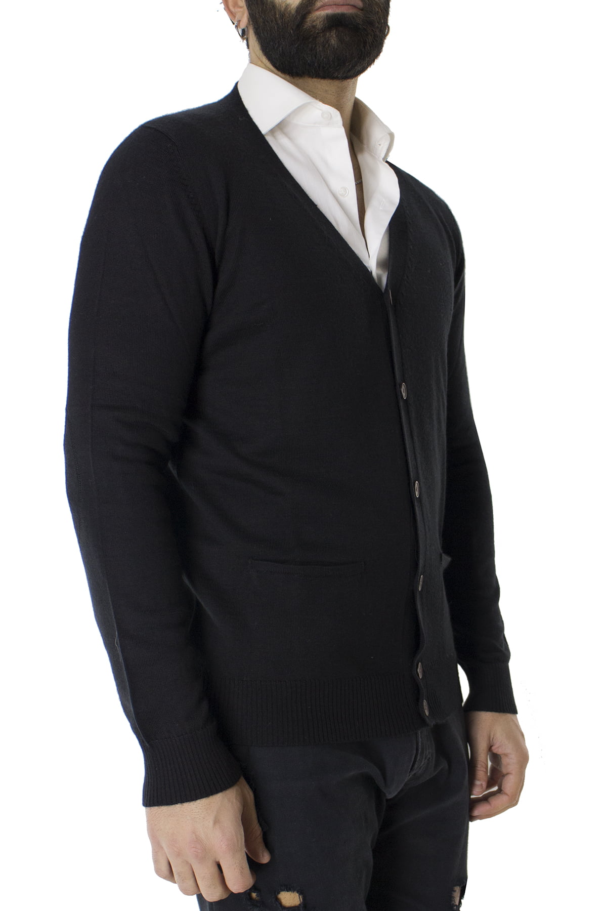 Cardigan uomo nero in lana 6 bottoni con tasche a filo slim fit