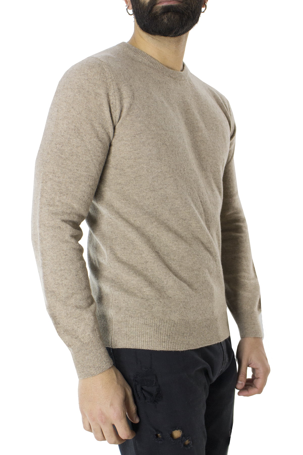 Maglione uomo Girocollo beige in lana 100% slim fit