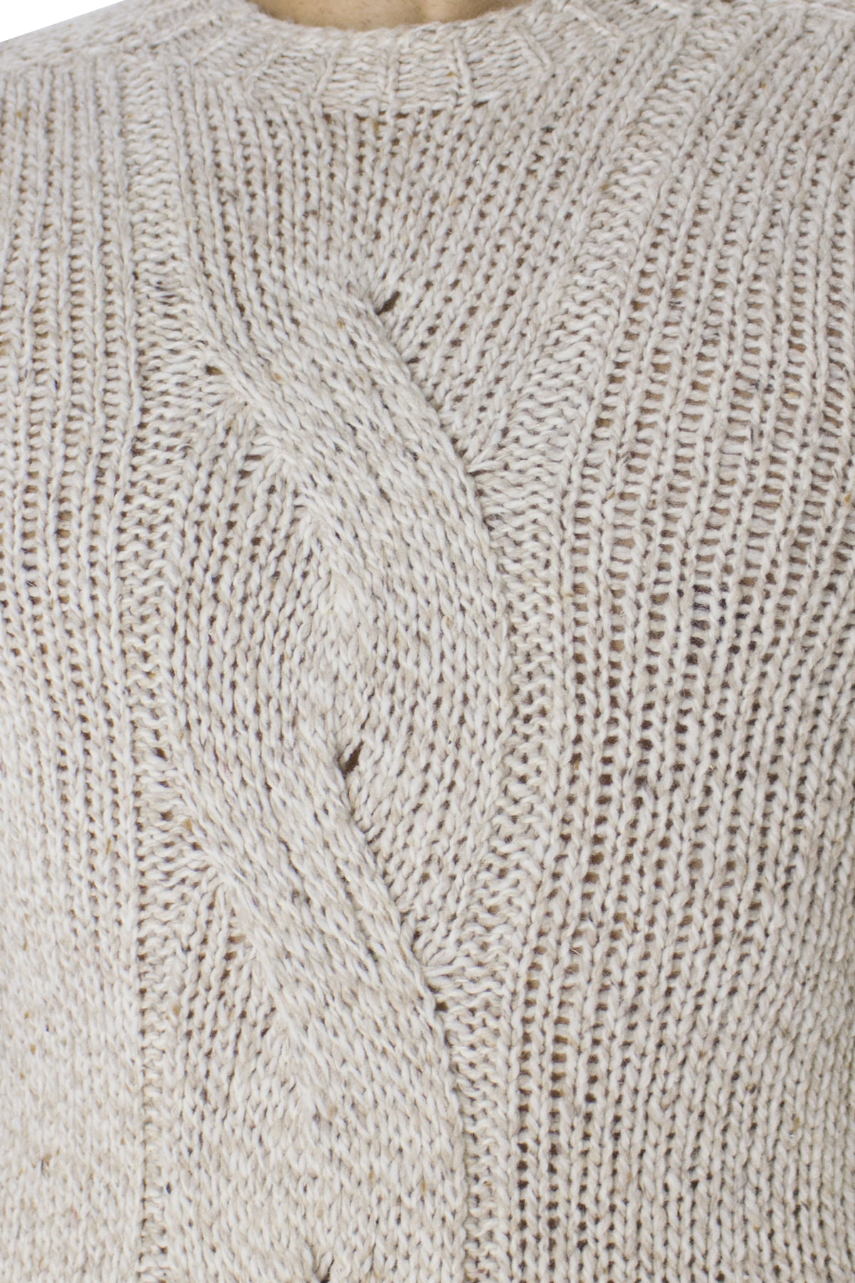 Maglione uomo Girocollo beige con treccia in lana 100% slim fit