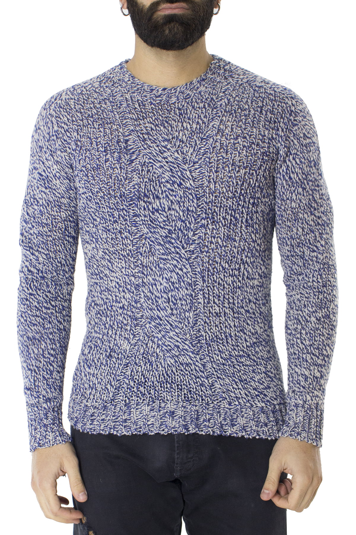 Maglione uomo Girocollo blu con treccia in lana 100% slim fit