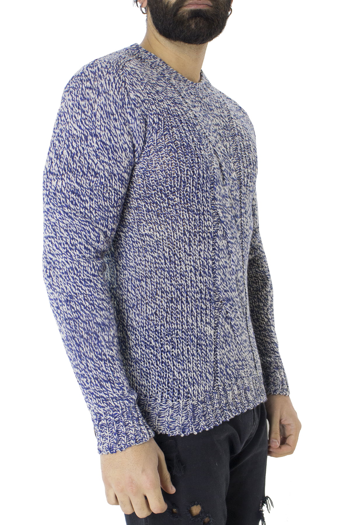Maglione uomo Girocollo blu con treccia in lana 100% slim fit