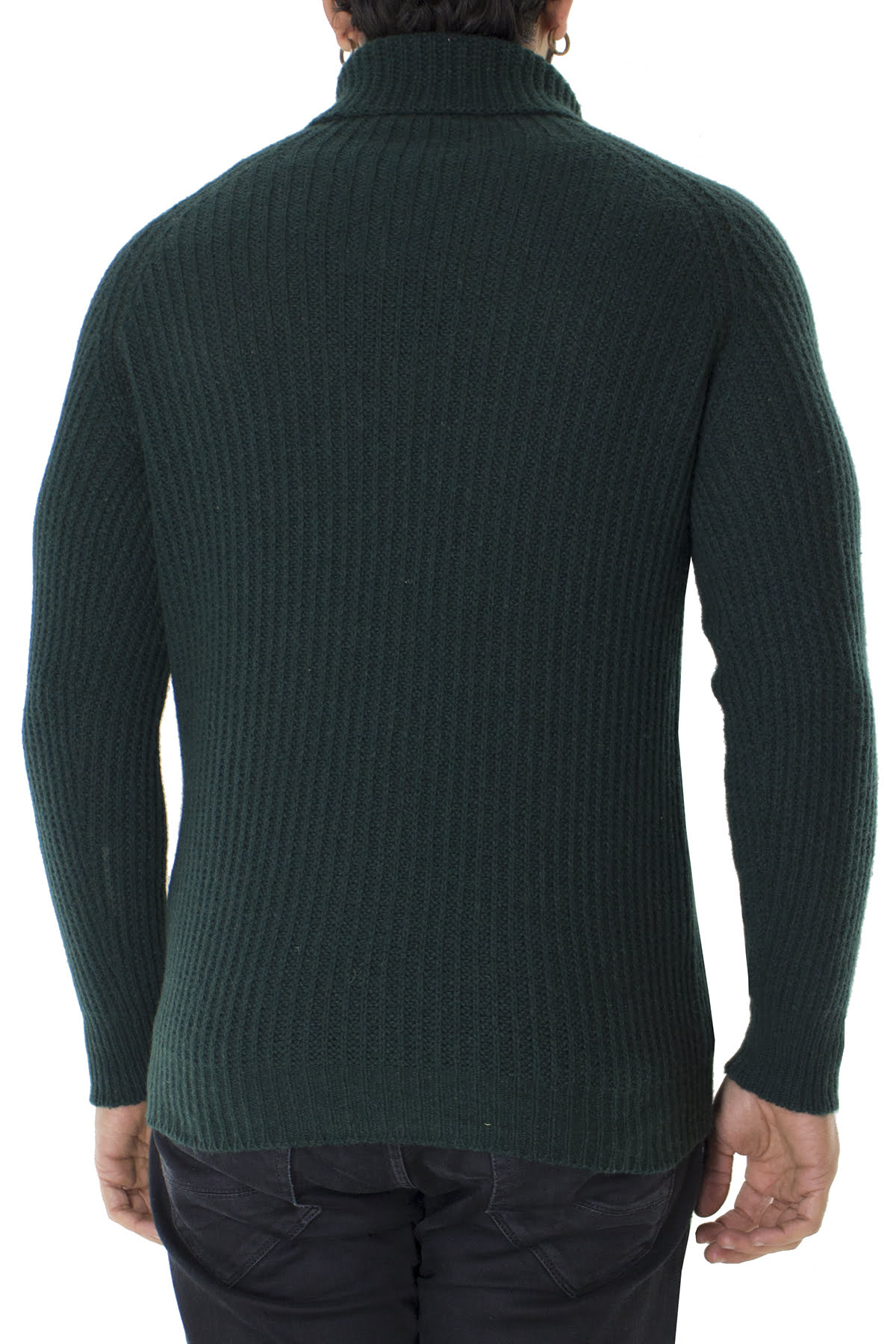 Maglione uomo collo alto verde in lana merinos a costa inglese slim fit made in italy