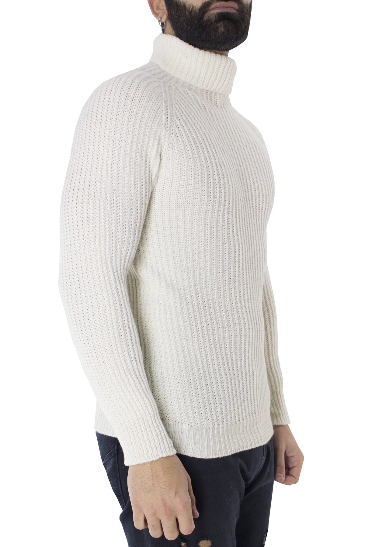 Maglione uomo collo alto bianco in lana merinos a costa inglese slim fit made in italy