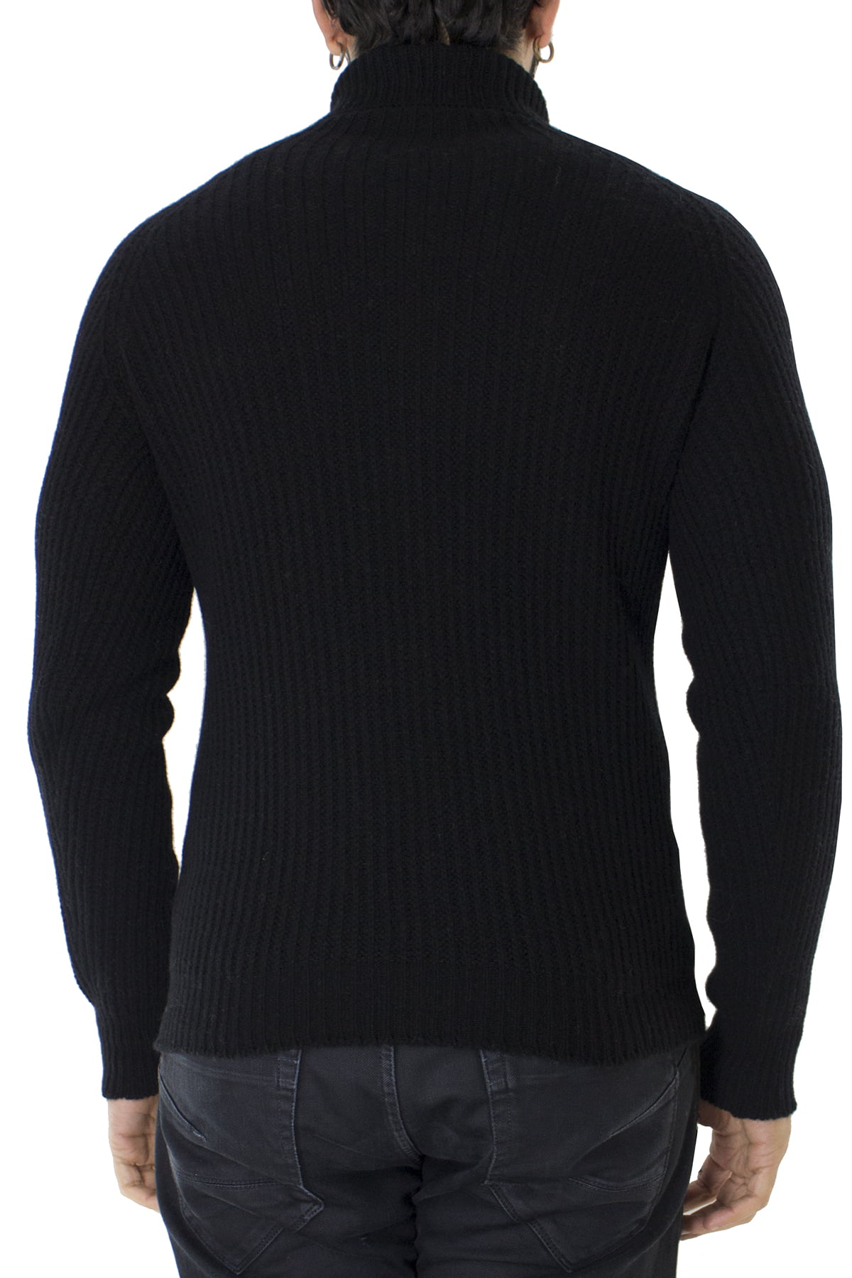 Maglione uomo collo alto nero in lana merinos a costa inglese slim fit made in italy