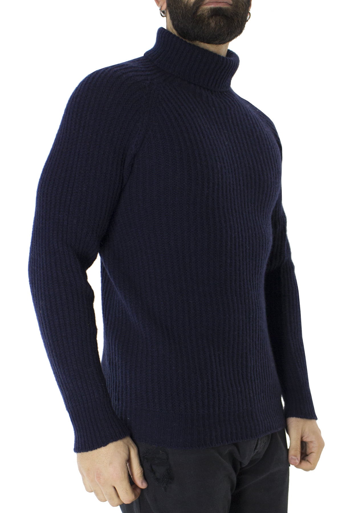 Maglione uomo collo alto Blu in lana merinos a costa inglese slim fit made in italy