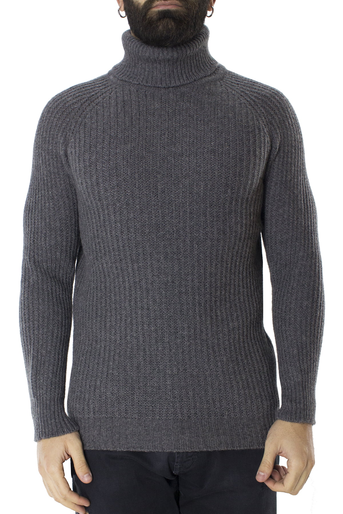 Maglione uomo collo alto grigio in lana merinos a costa inglese slim fit made in italy
