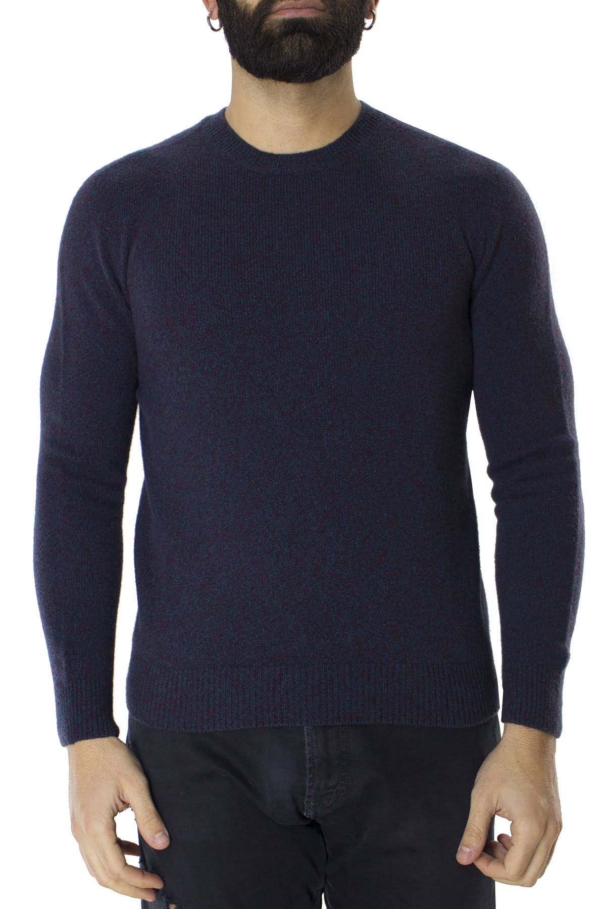 Maglione uomo Girocollo azzurro effetto melange bordeaux in lana 100% slim fit